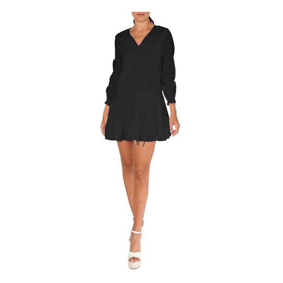 NICOLE MILLER Womens Black Tie At Neck Lined Long Sleeve Split Mini Dress S